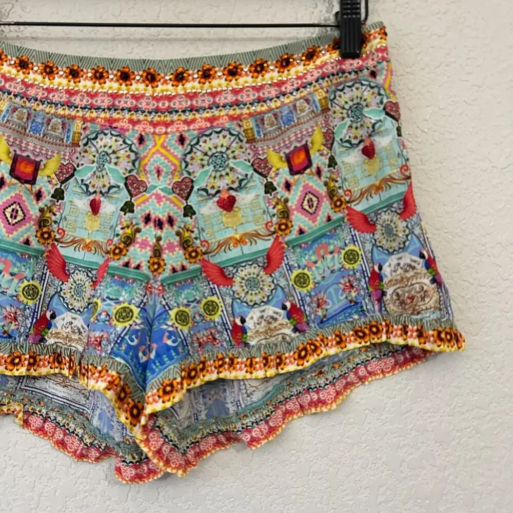 CAMILLA Shorts Multicolor Allover Print Silk Studded Embellished Boho